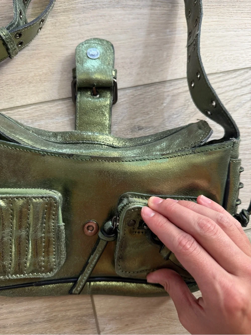 Free People Shimmery Olive Green Metallic Shoulder Bag - Picture 4 of 9